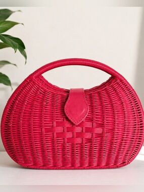 Hot Pink Woven Top Handle Basket Bag